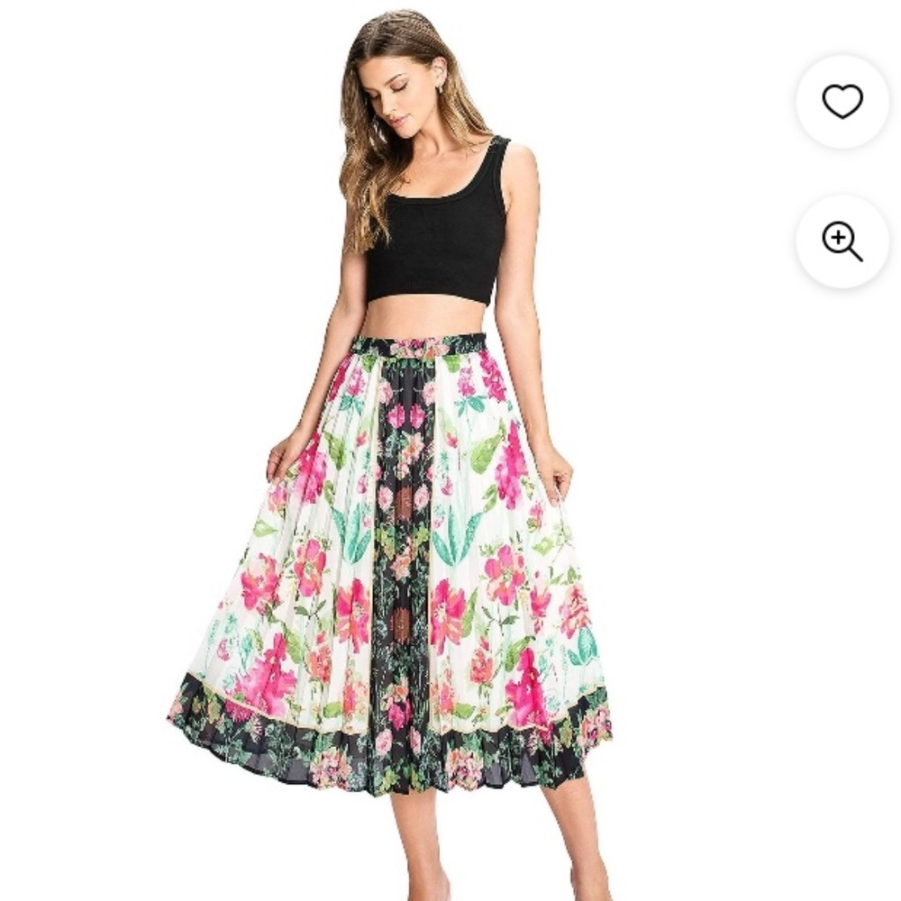 Flying Tomato White Floral Midi Skirt with Pink and Green Accents